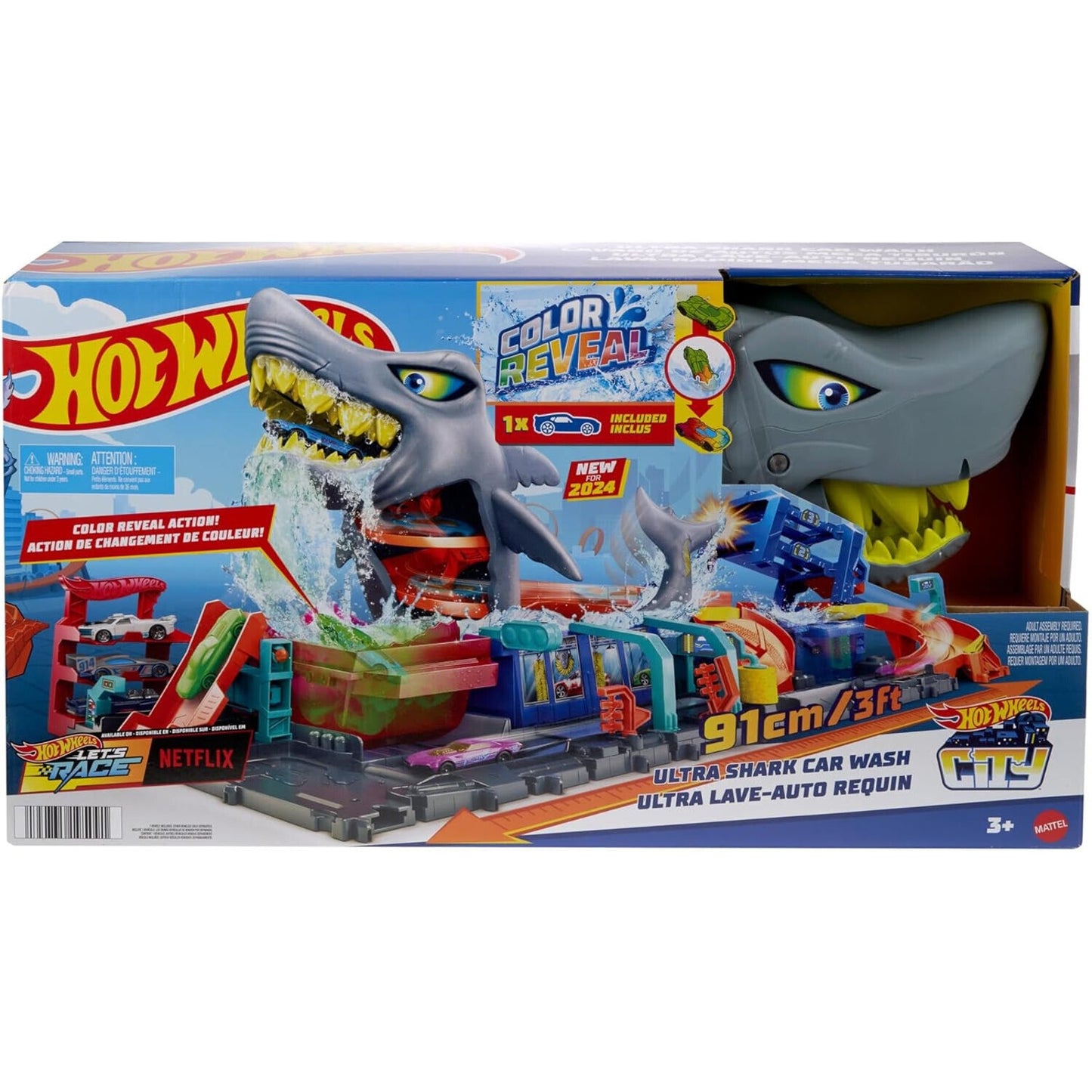 🔥Hot Wheels City Track Set Ultra Shark Car Wash 1:64 Scale Color Reveal Toy🔥