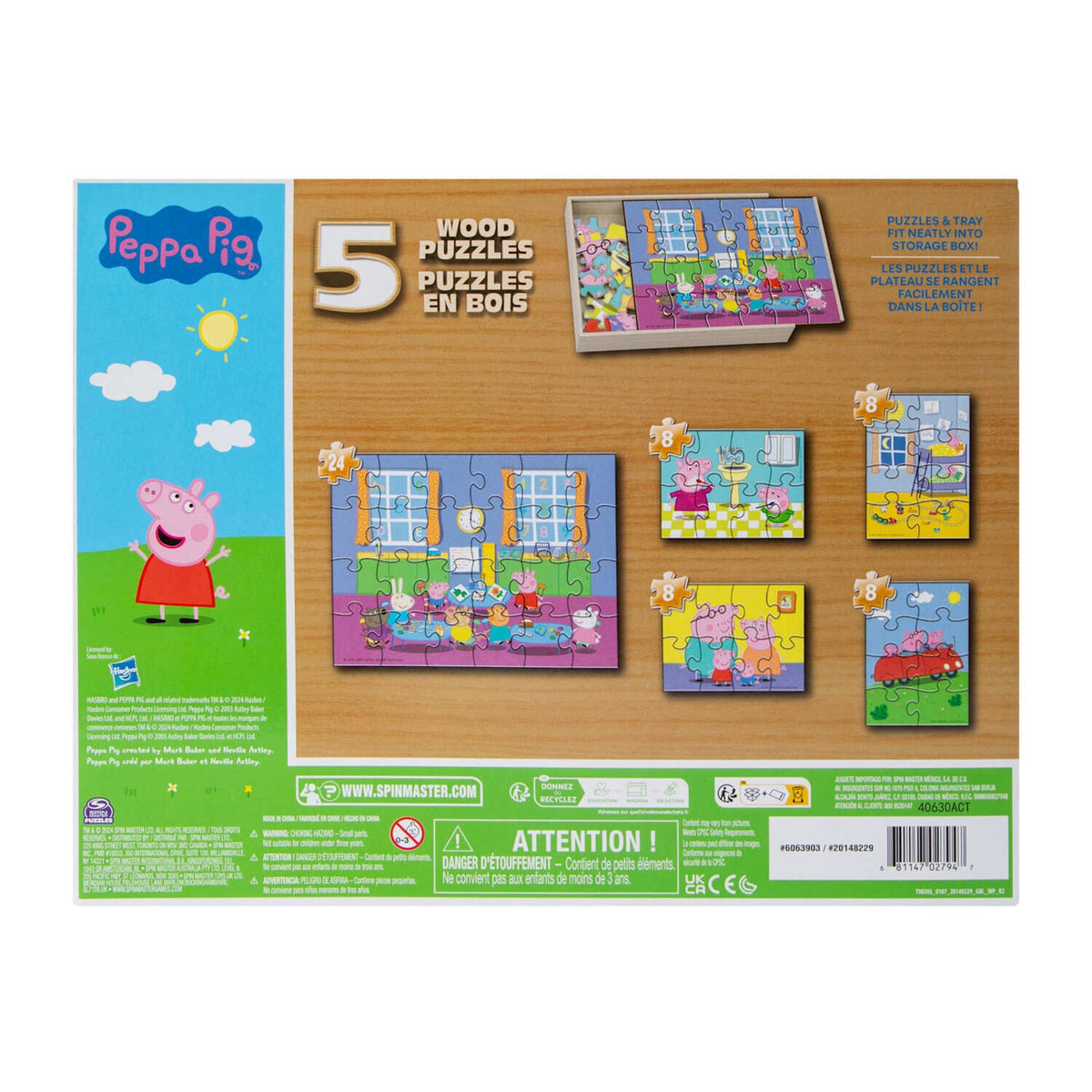 🔥Peppa Pig 5 Wood Spin Master Puzzles in Wooden Storage Box BNWT💥