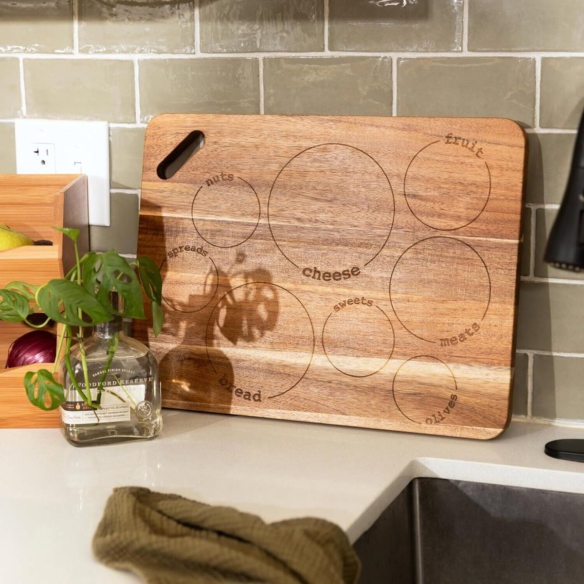 Laser Engraved Acacia Serving Board with Handle 17X13 Inch Rectangular Charcute