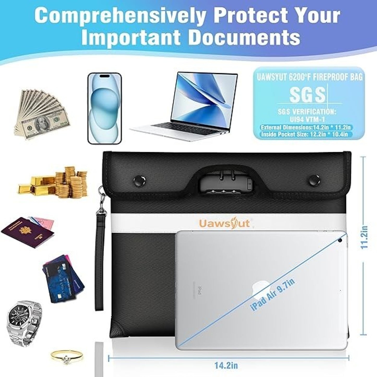 🔥6200°F Fireproof Document/Money Bag with Lock 14.2in X 11.2in BNWT🔥