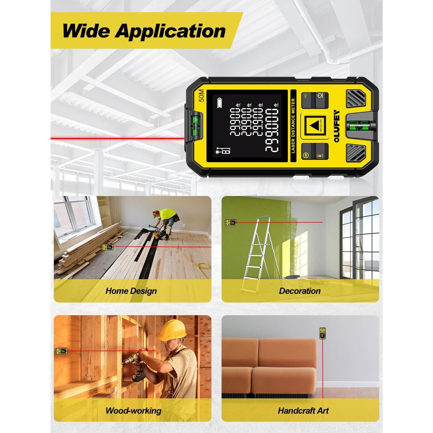 🔥Laser Measure 165ft Laser Distance Meter with 2 Bubble Levels Yel LCD BNWT🔥