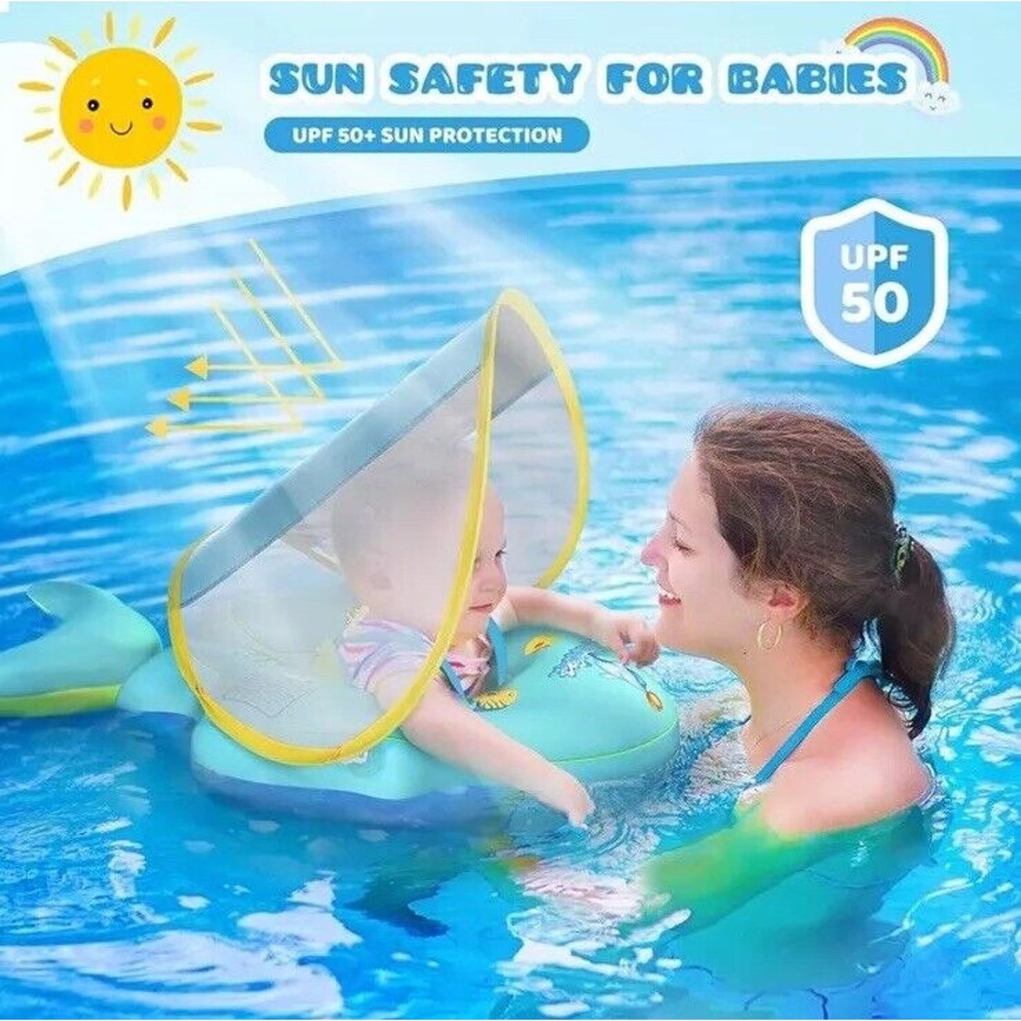 🔥No Flip Baby Swimming Float with UPF50+ Sun Canopy Baby Floats for Pool NWT🔥