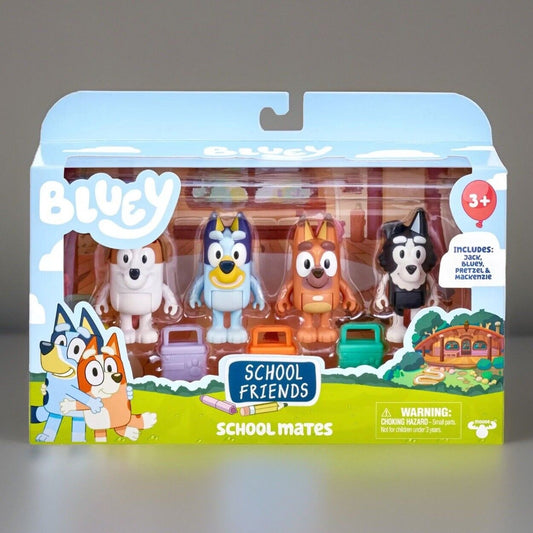 🔥Bluey SCHOOL MATES FRIENDS 4pk Figures Set Bluey Jack Pretzel Mackenzie NWT💥