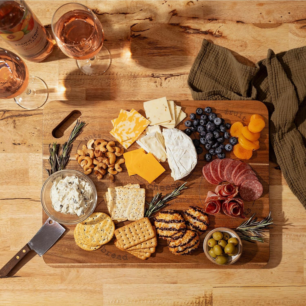 Laser Engraved Acacia Serving Board with Handle 17X13 Inch Rectangular Charcute