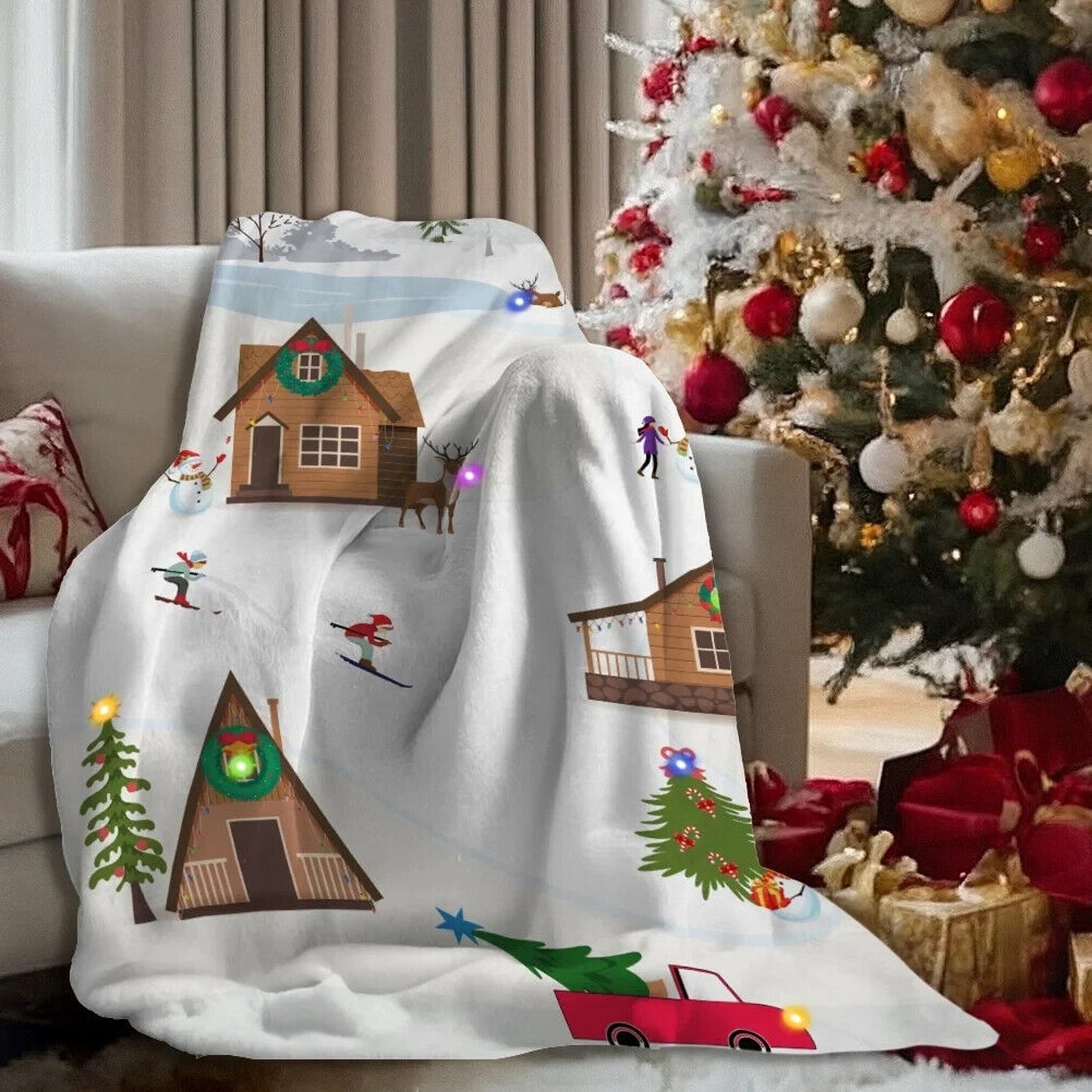 🔥Lit Holiday LED Throw Christmas Village Blanket Soft Fabric 3 Lighting Modes💥