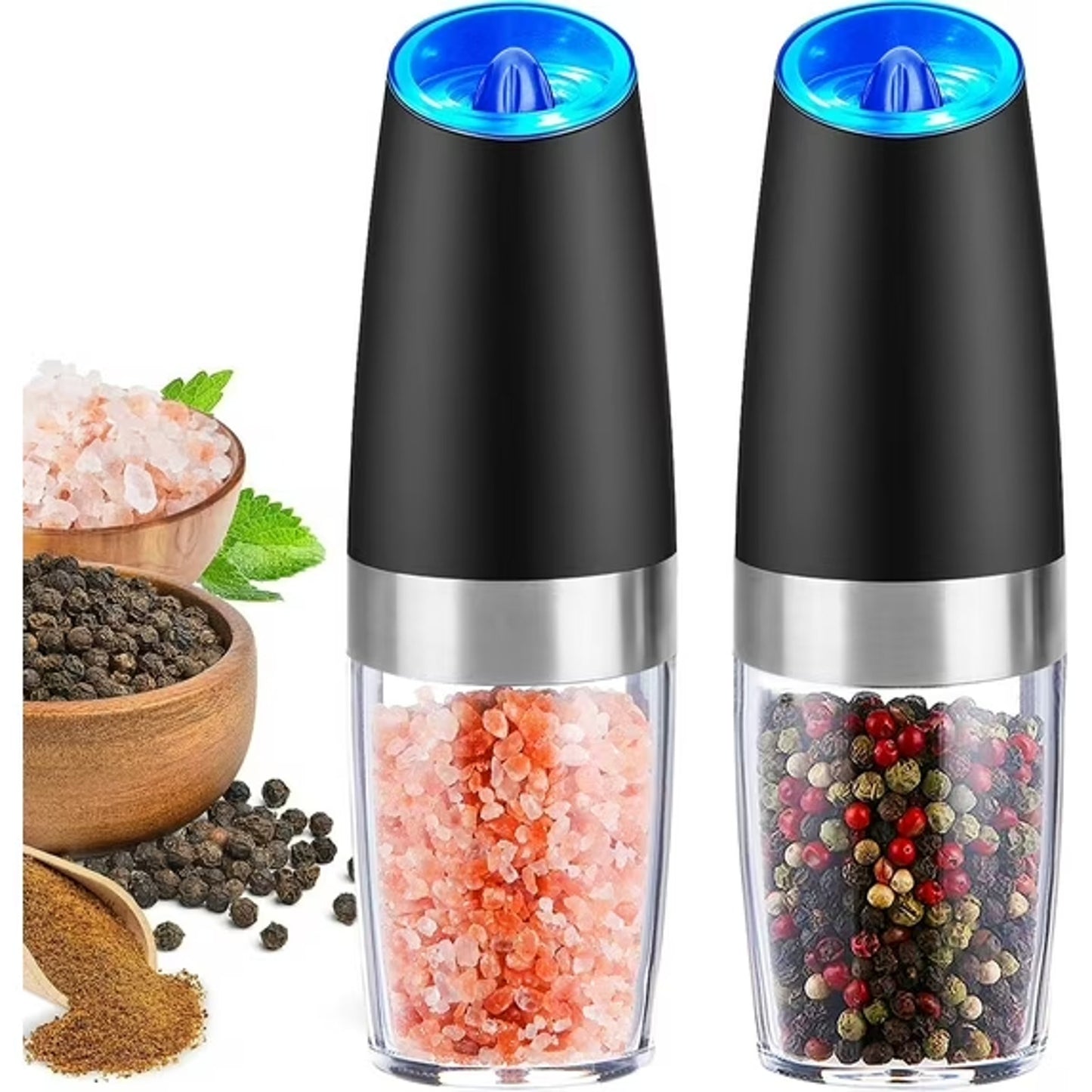 🔥2 Pack Gravity Electric Salt and Pepper Grinder Mill Shaker Adjustable Auto🔥