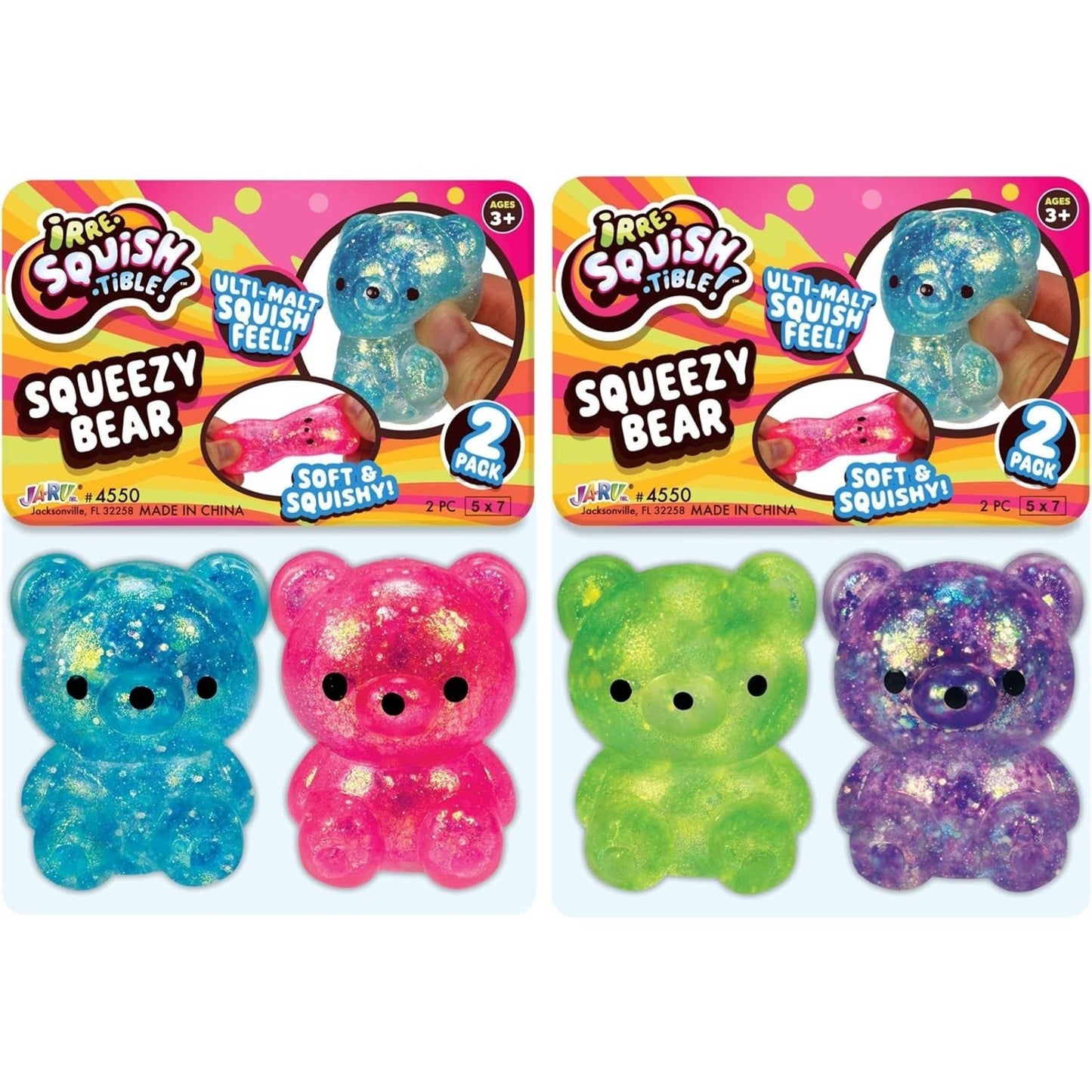 🔥Ja-Ru Irresquishtible! Squeezy Bear 4pk Squish Stretchy Glitter BNWT🔥