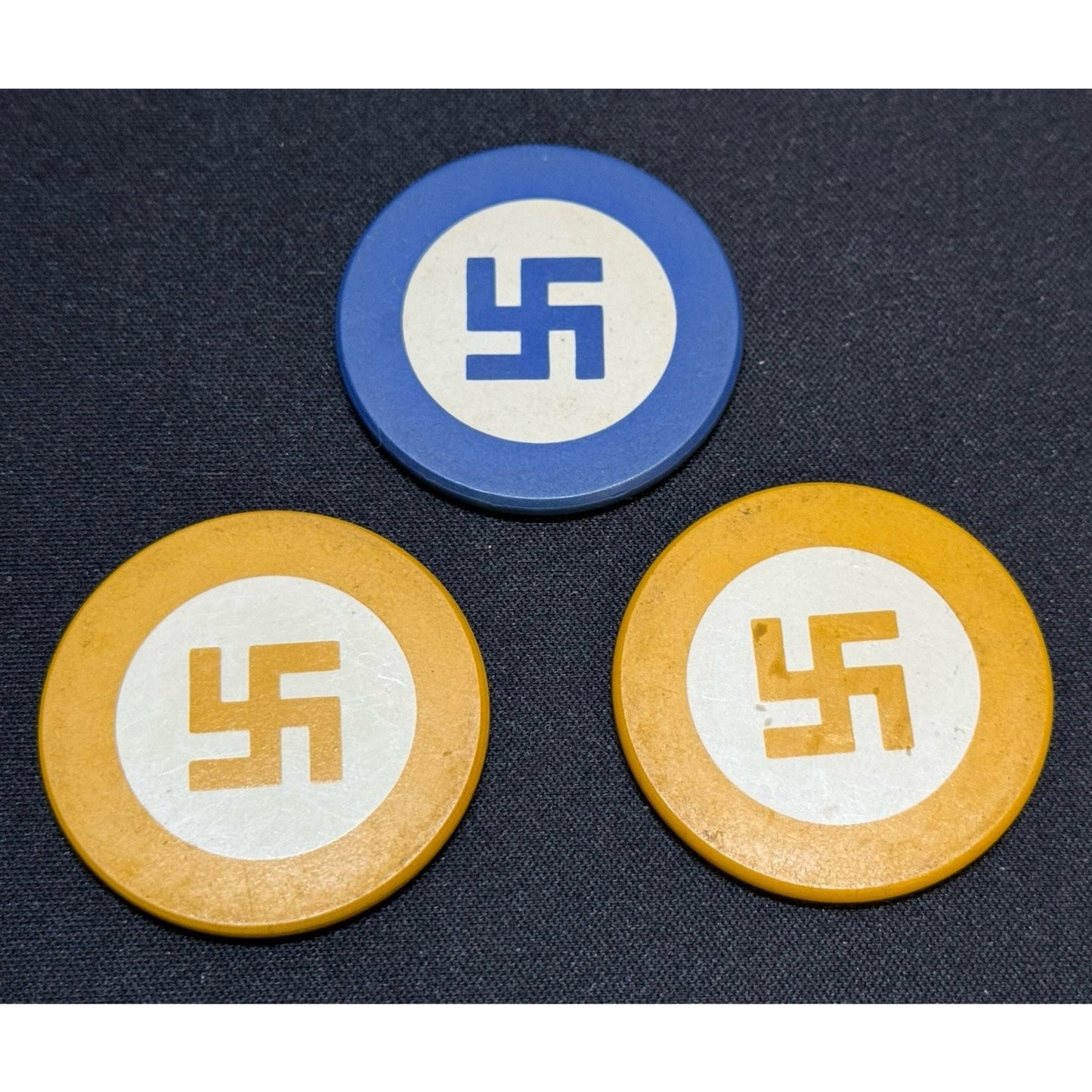 🔥3 Vintage Clay SWASTIKA/GOOD LUCK Poker Chips Pre-WW2 Yellow & Blue🔥