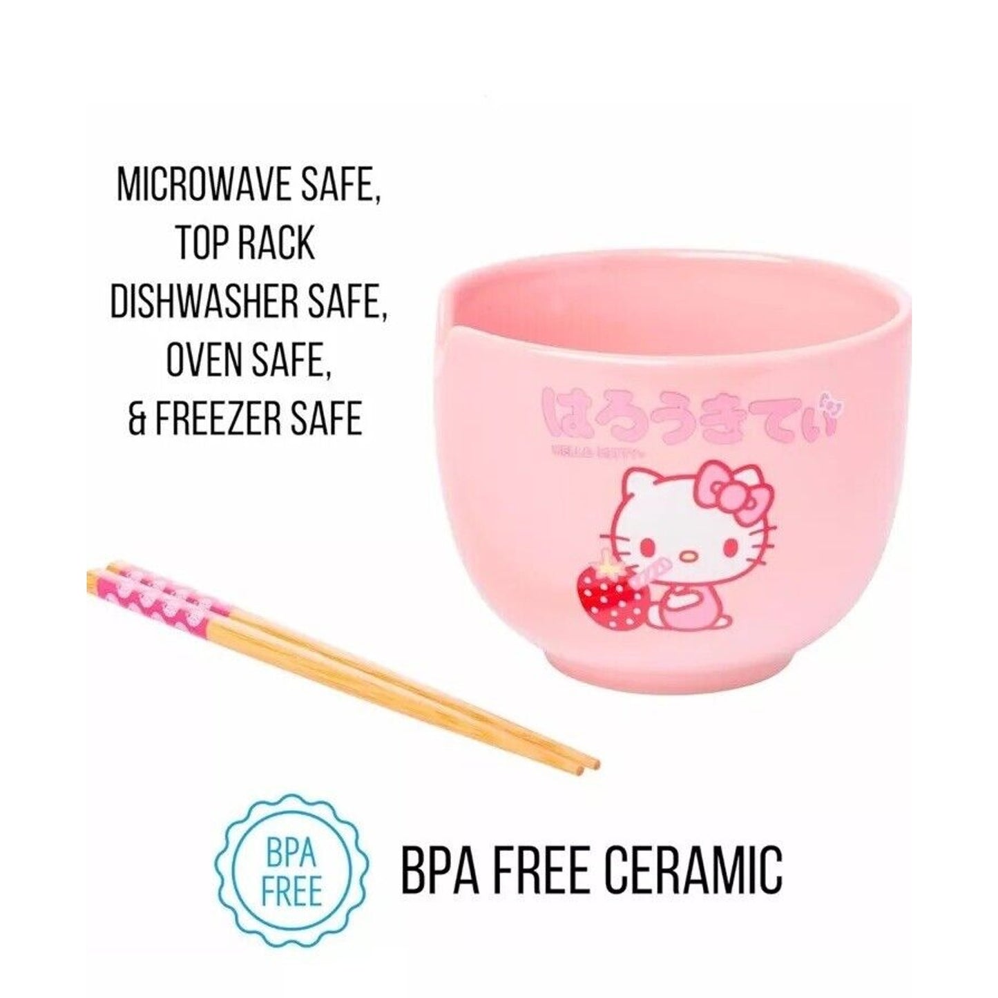 🔥Silver Buffalo Hello Kitty Strawberry Milk Ceramic Ramen Bowl with Chopsticks