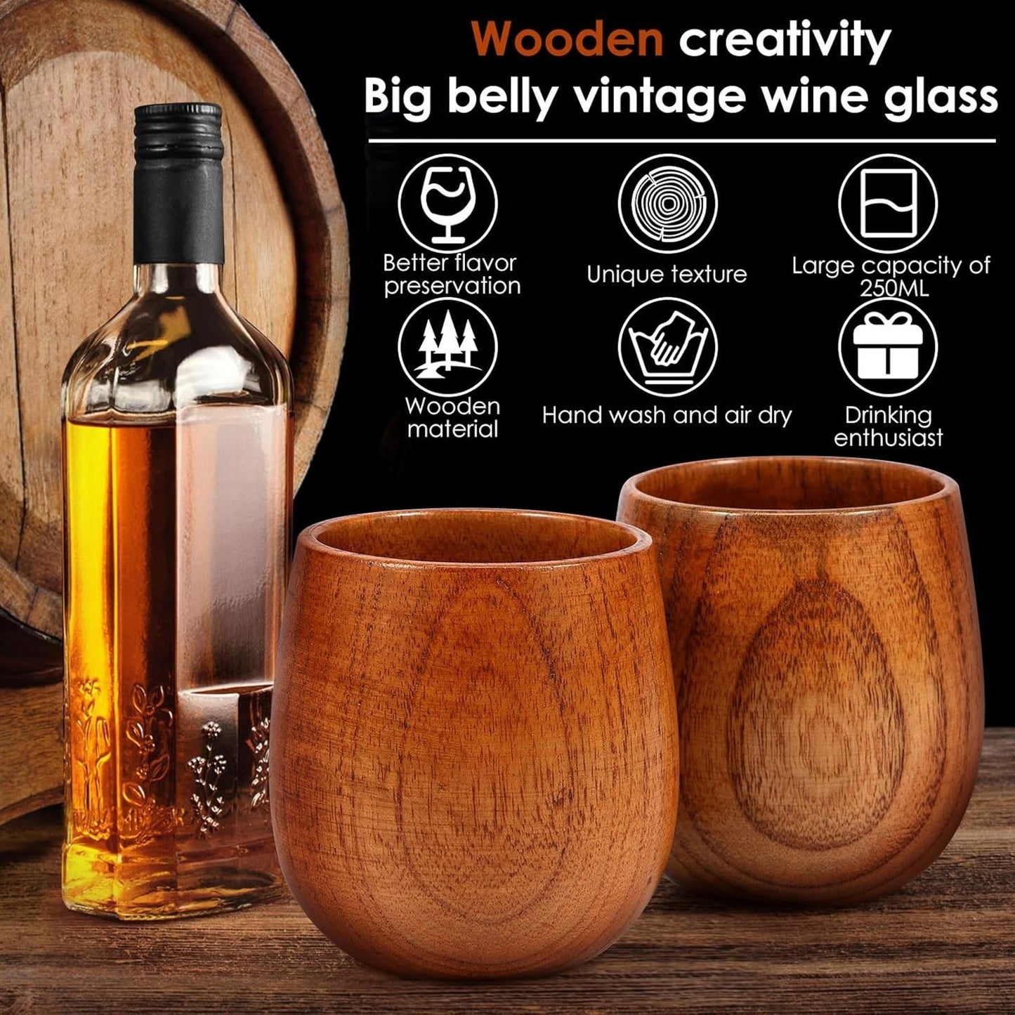 🔥Bourbon Wooden Drinking Glasses 2pk 250ml Whiskey Tumbler BNWT🔥