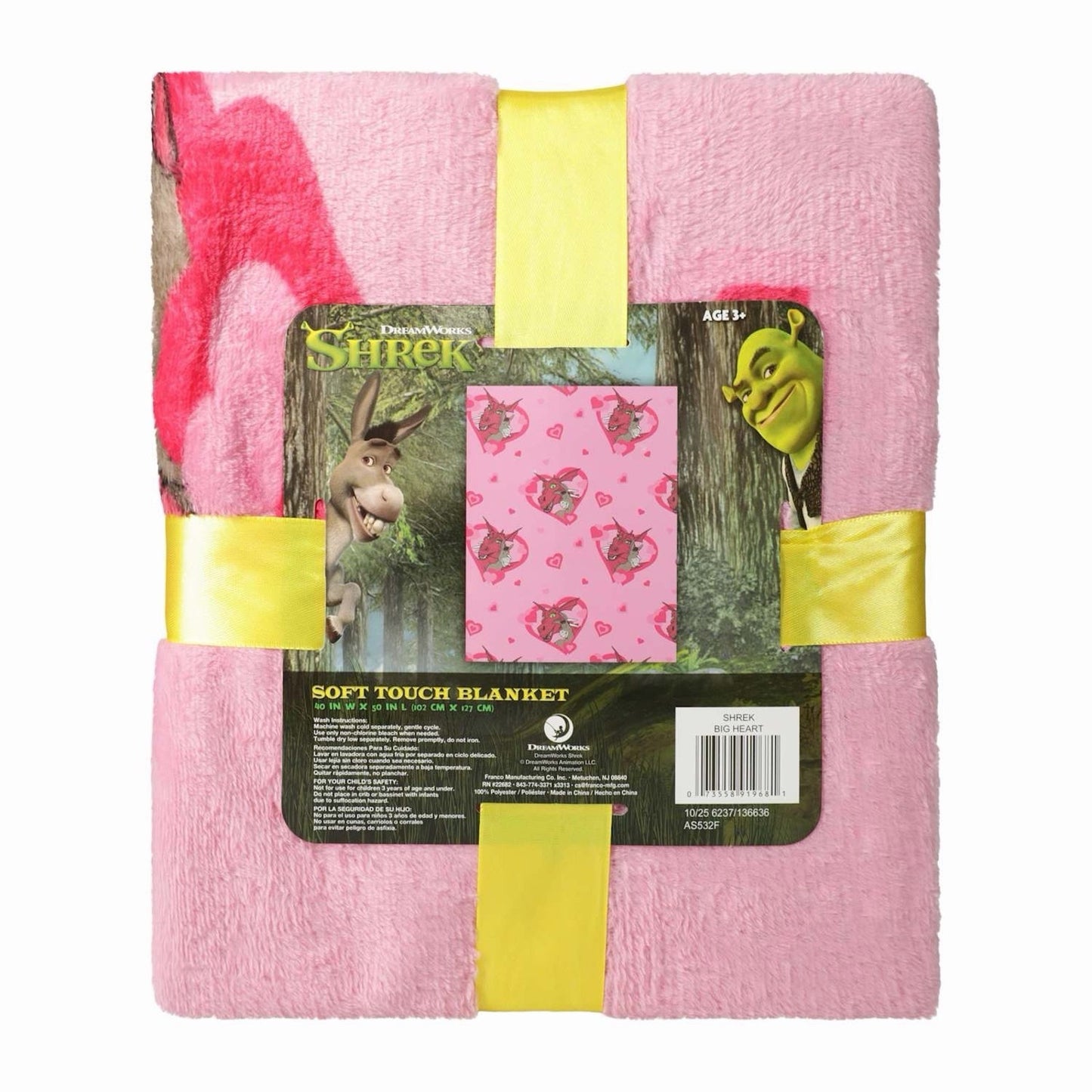 🔥Shrek Big Heart Donkey Pink Travel Blanket 40” X 50” BNWT🔥
