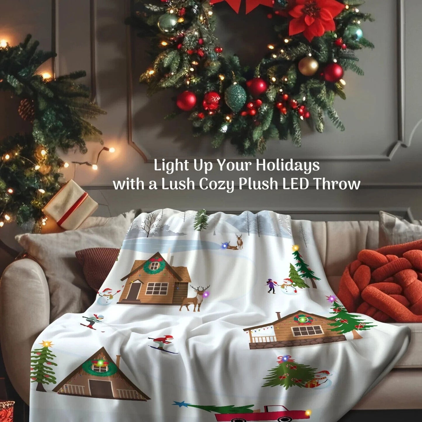 🔥Lit Holiday LED Throw Christmas Village Blanket Soft Fabric 3 Lighting Modes💥