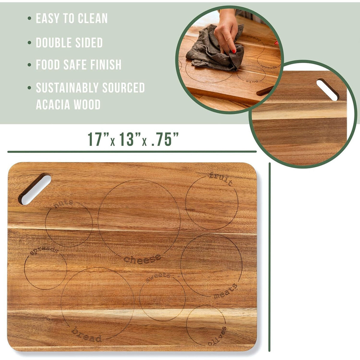 Laser Engraved Acacia Serving Board with Handle 17X13 Inch Rectangular Charcute