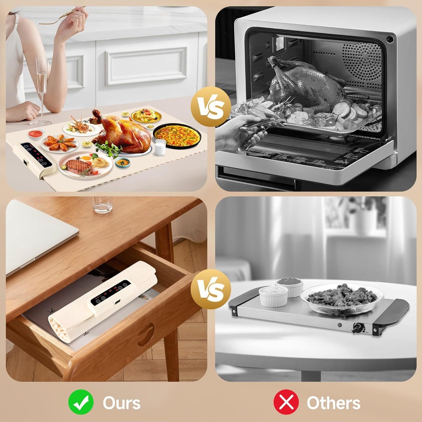 🔥Food Warming Mat Adjustable Temp & Timer Electric Warming Tray Beige BNWT🔥