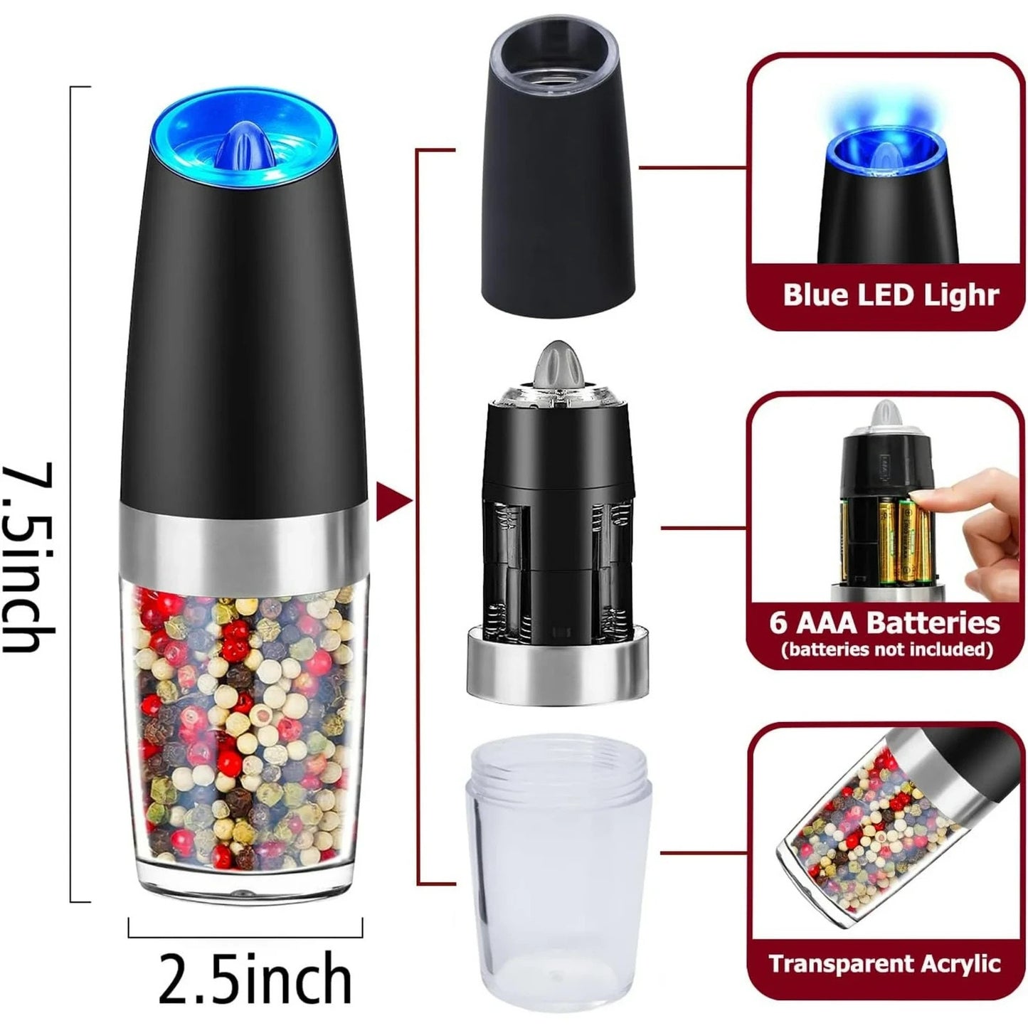 🔥2 Pack Gravity Electric Salt and Pepper Grinder Mill Shaker Adjustable Auto🔥