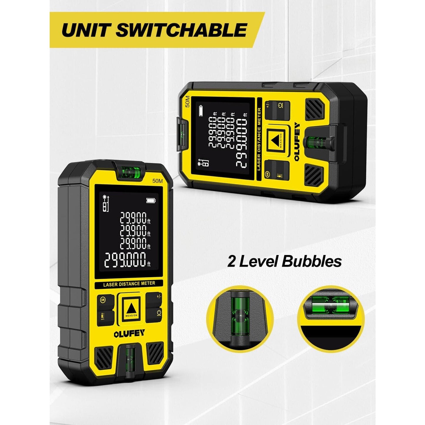 🔥Laser Measure 165ft Laser Distance Meter with 2 Bubble Levels Yel LCD BNWT🔥