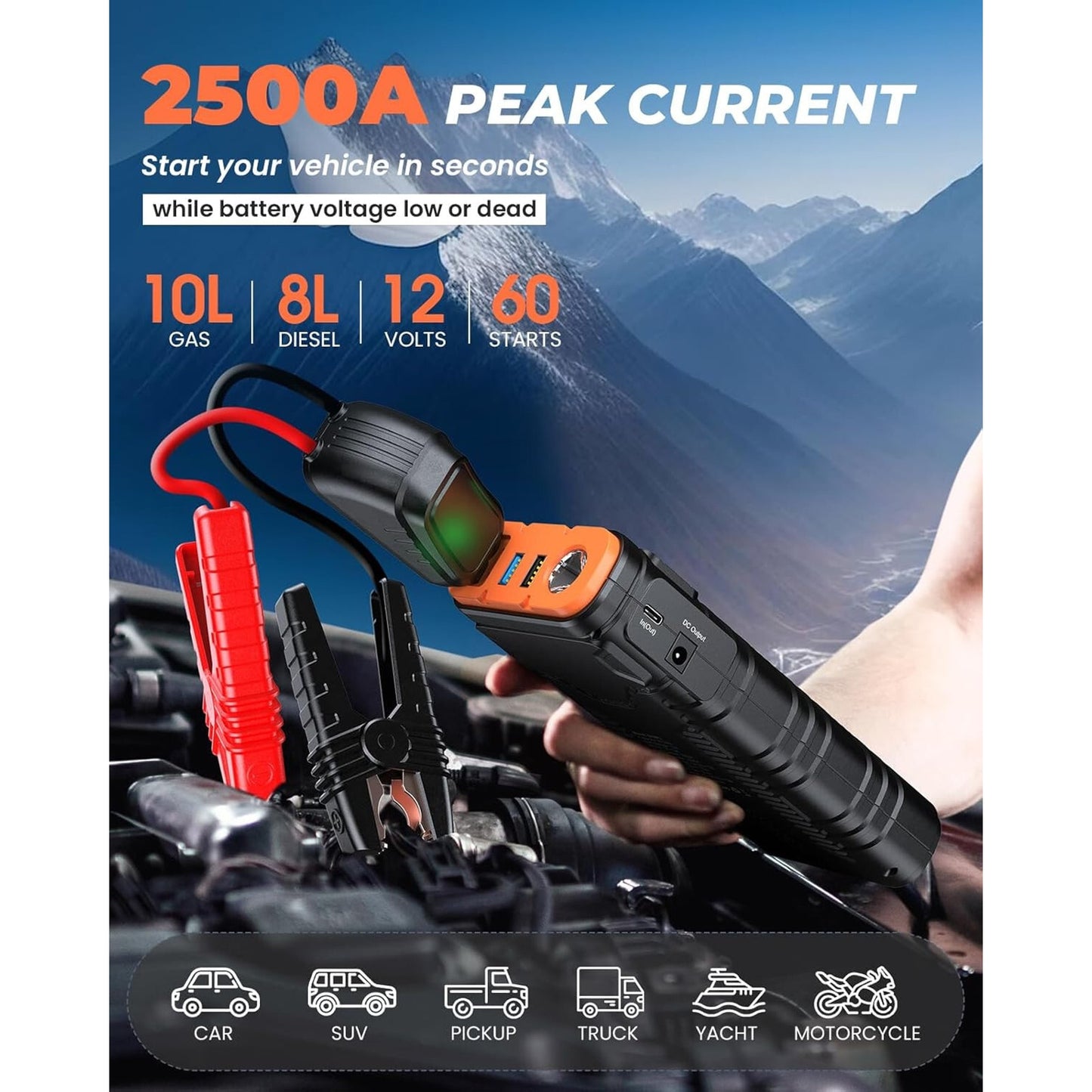 🔥 2500A Jump Starter Battery Pack 10.0L Gas/8.0L Diesel Engines BNWT🔥