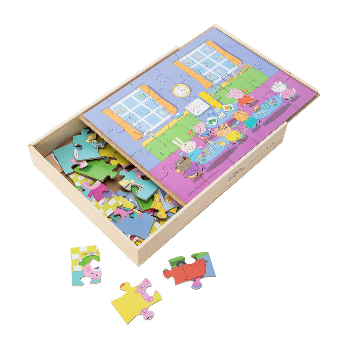 🔥Peppa Pig 5 Wood Spin Master Puzzles in Wooden Storage Box BNWT💥