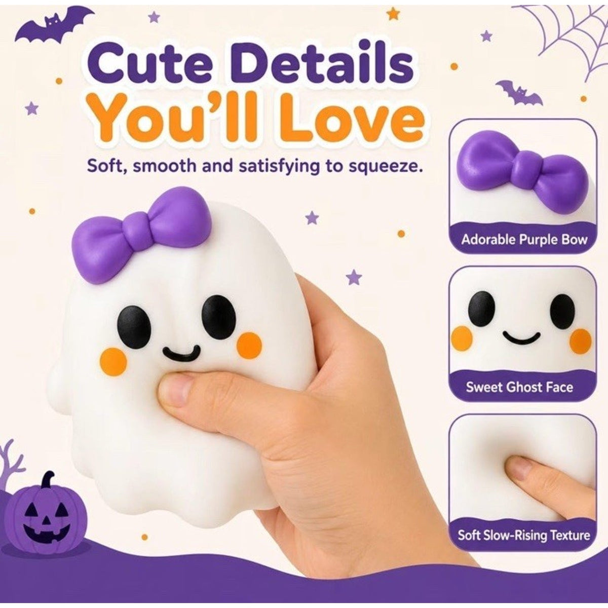 🔥Ghost Squishy White Ghost Squeeze Toy Purple Bow BNWT🔥