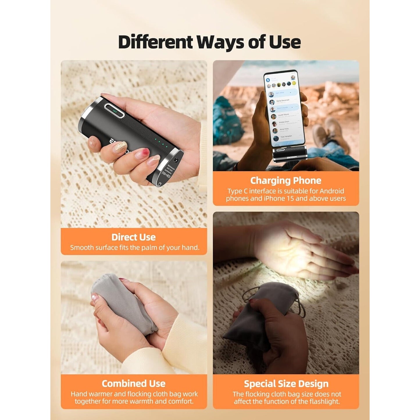 🔥3 In 1 Electric Hand Warmer 5000Mah Power Bank Flashlight Rechargeable NWT💥