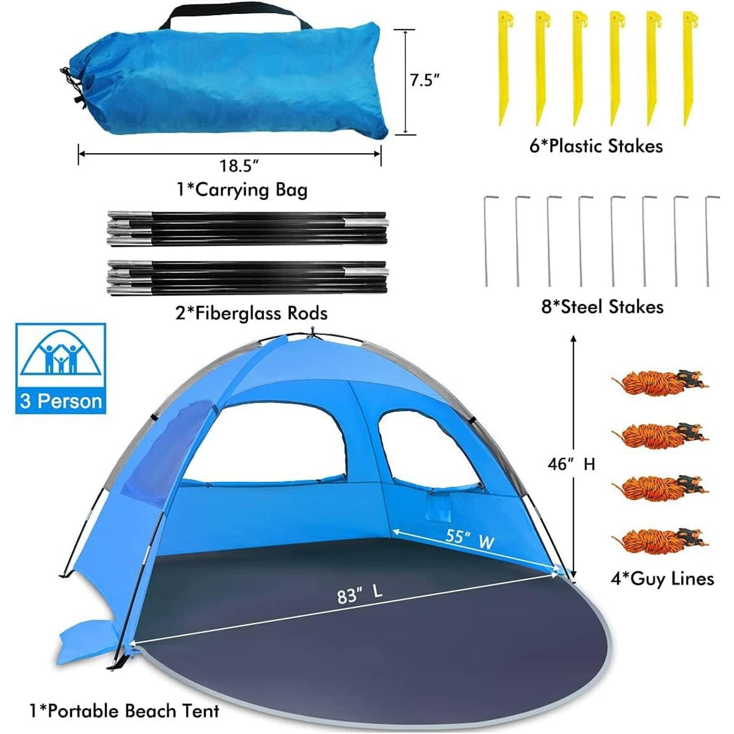 🔥NXONE Beach Tent Sun Shade Shelter for 2-3 People with UV Protection Blue NWT