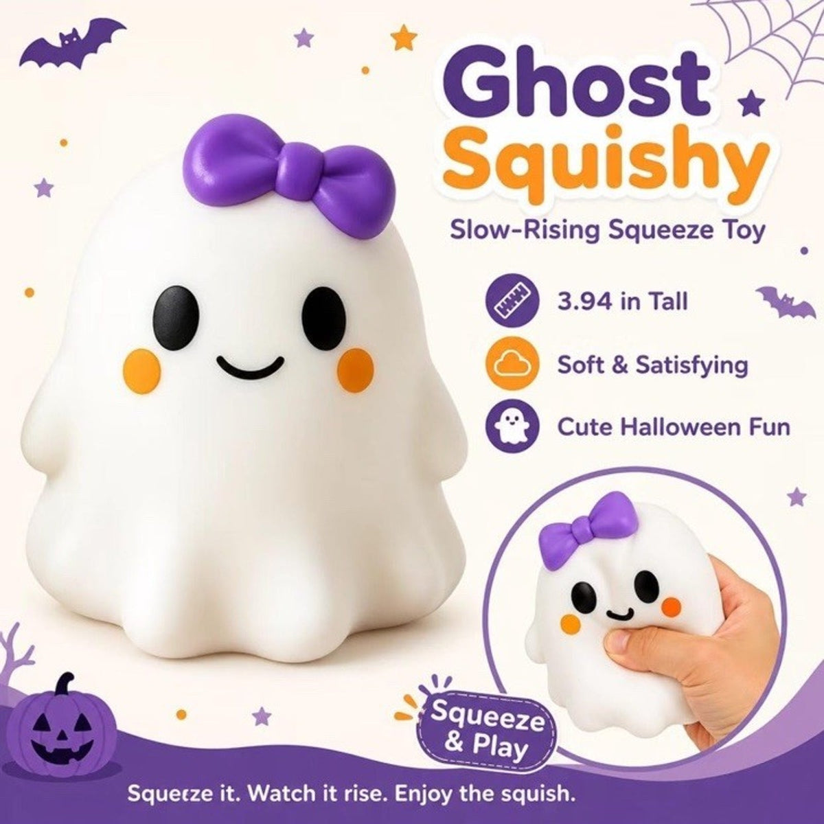🔥Ghost Squishy White Ghost Squeeze Toy Purple Bow BNWT🔥