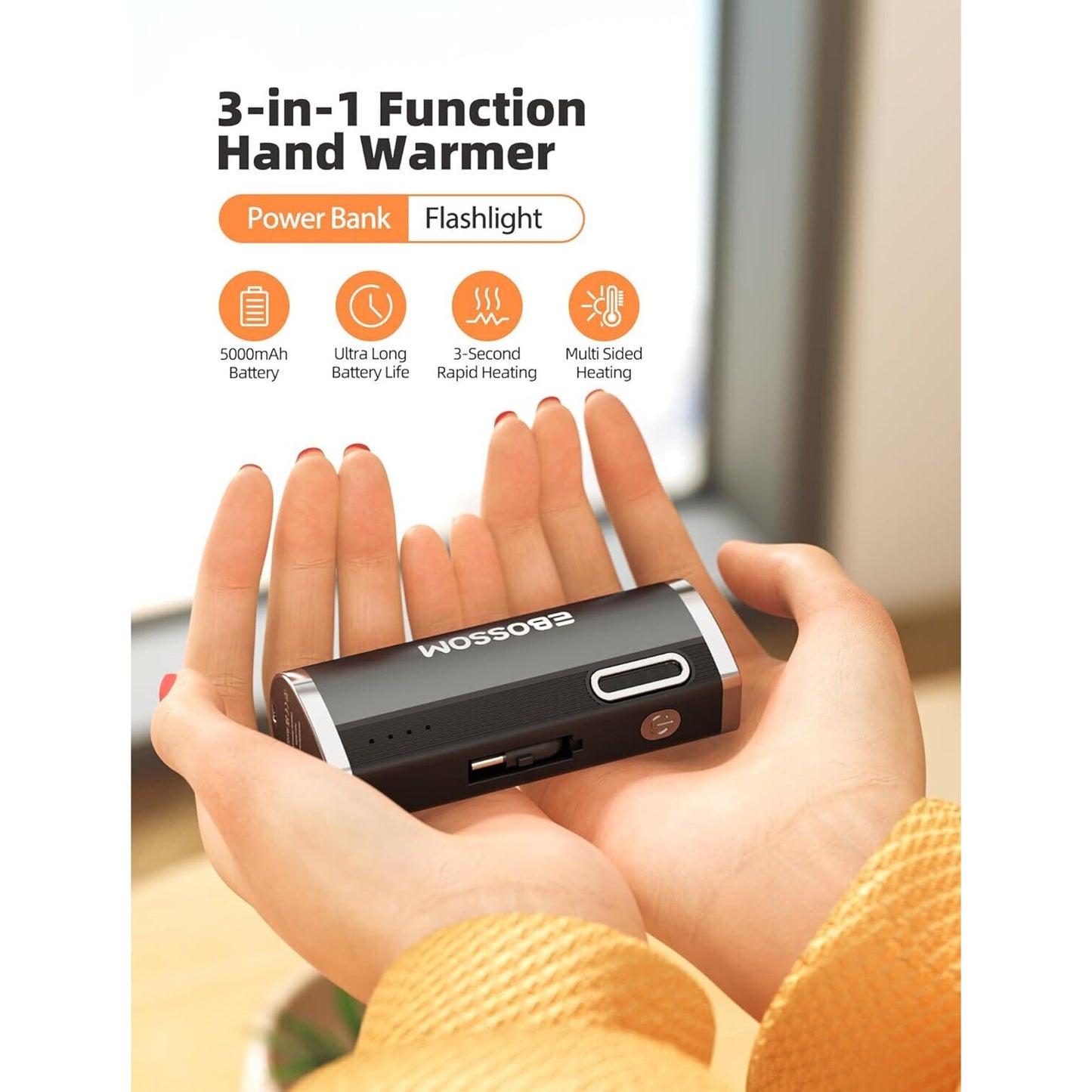 🔥3 In 1 Electric Hand Warmer 5000Mah Power Bank Flashlight Rechargeable NWT💥