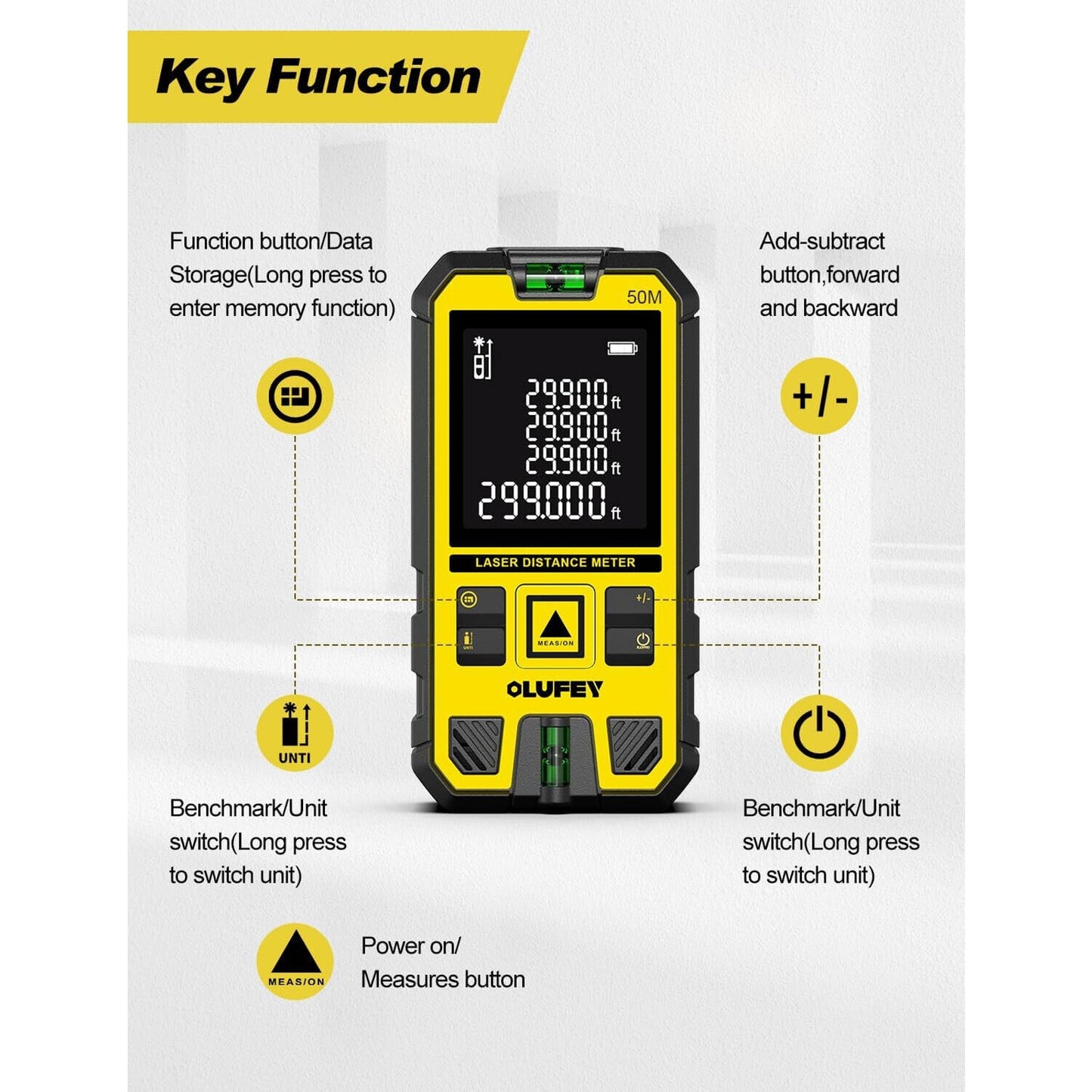 🔥Laser Measure 165ft Laser Distance Meter with 2 Bubble Levels Yel LCD BNWT🔥